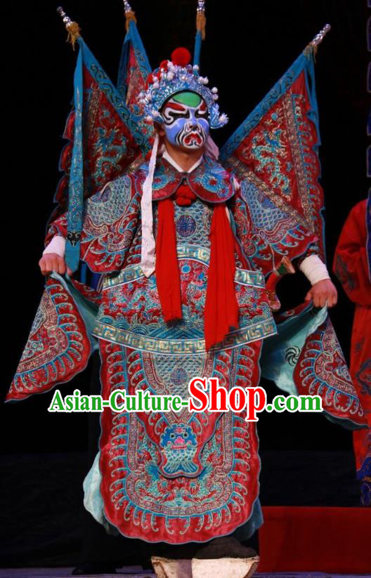 Pan Yang Song Chinese Bangzi Opera Jing Role Apparels Costumes and Headpieces Traditional Shanxi Clapper Opera Painted Role Garment General Red Armor Clothing with Flags