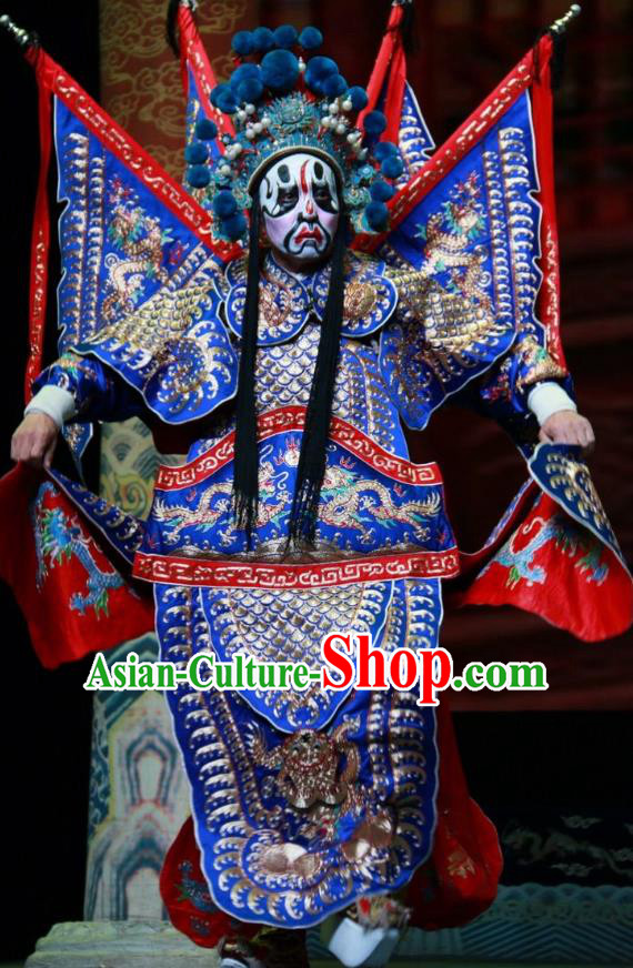 Er Jin Gong Chinese Bangzi Opera General Blue Kao Apparels Costumes and Headpieces Traditional Shanxi Clapper Opera Jing Garment Armor Clothing with Flags