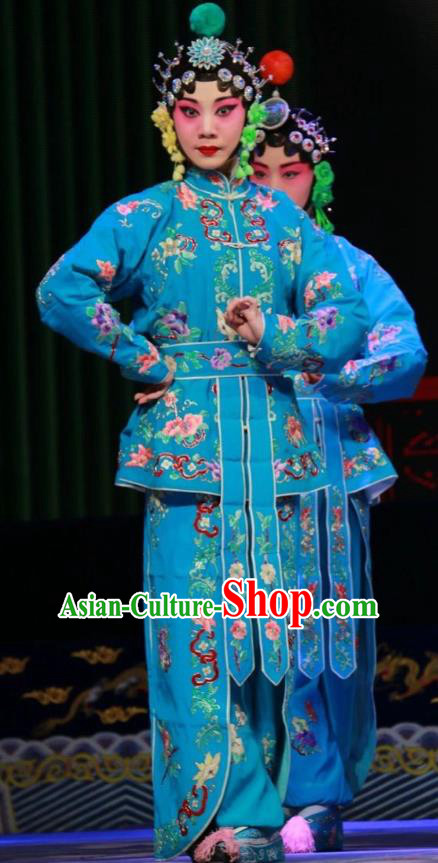 Chinese Shanxi Clapper Opera Martial Female Garment Costumes and Headdress Women General of Yang Family Traditional Bangzi Opera Wudan Blue Dress Apparels