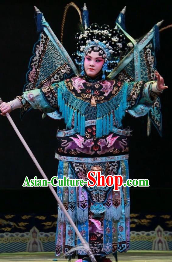 Chinese Shanxi Clapper Opera Tao Ma Tan Garment Costumes and Headdress Women General of Yang Family Traditional Bangzi Opera Martial Female Mu Guiying Dress Apparels