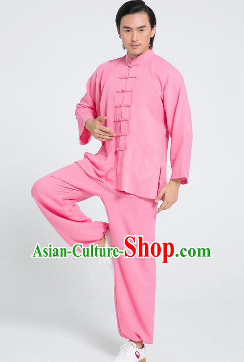 Top Grade Chinese Tai Ji Training Hand Painting Carps Uniforms Kung Fu Martial Arts Costume Shaolin Gongfu Pink Flax Shirt and Pants for Men