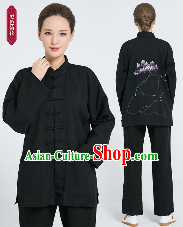 Professional Chinese Hand Painting Lotus Tai Chi Black Flax Blouse and Pants Outfits Martial Arts Shaolin Gongfu Costumes Kung Fu Training Garment for Women