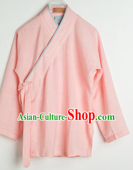 Asian Chinese Traditional Tang Suit Pink Flax Shirt Martial Arts Costumes China Kung Fu Upper Outer Garment Clothing for Kids