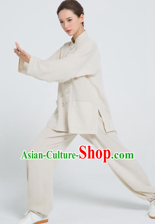 Professional Chinese Hand Painting Carps Tai Chi Beige Flax Blouse and Pants Outfits Martial Arts Shaolin Gongfu Costumes Kung Fu Training Garment for Women