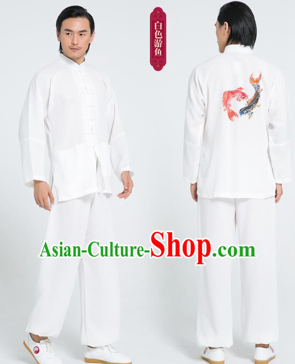 Top Grade Chinese Tai Ji Training Hand Painting Carps Uniforms Kung Fu Martial Arts Costume Shaolin Gongfu White Flax Shirt and Pants for Men