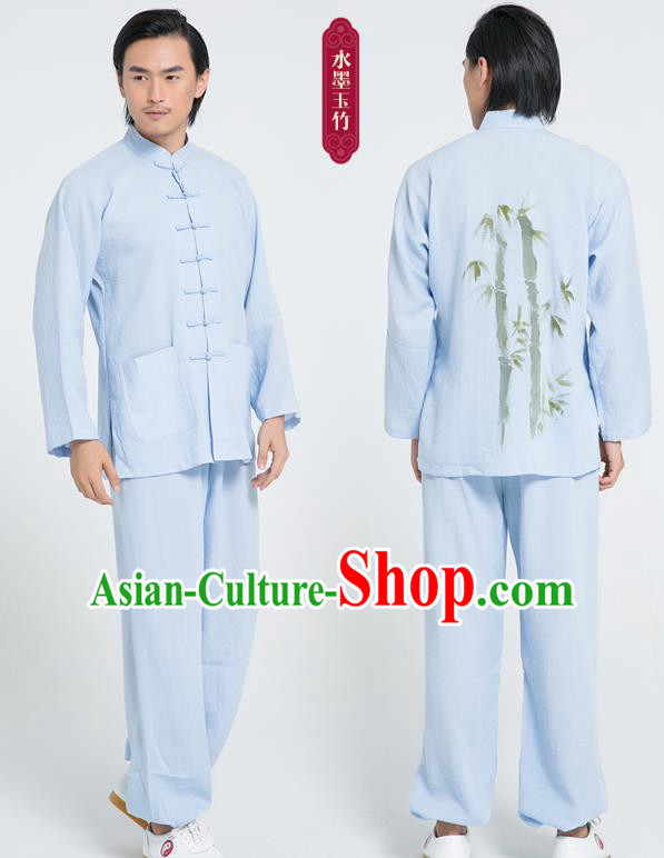 Top Grade Chinese Tai Ji Training Hand Painting Bamboo Uniforms Kung Fu Martial Arts Costume Shaolin Gongfu Blue Flax Shirt and Pants for Men