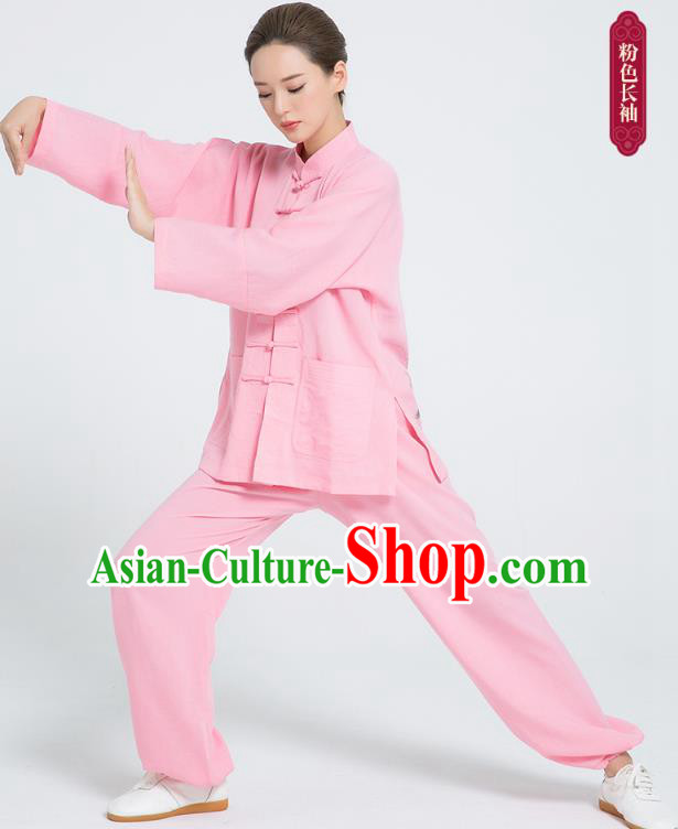 Professional Chinese Hand Painting Lotus Tai Chi Pink Flax Blouse and Pants Outfits Martial Arts Shaolin Gongfu Costumes Kung Fu Training Garment for Women