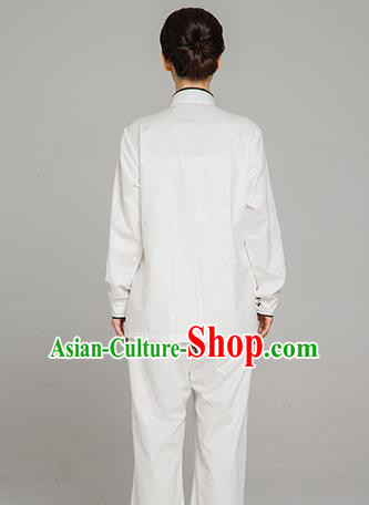 Top Grade Chinese Tai Ji Training White Linen Uniforms Kung Fu Martial Arts Costume Shaolin Gongfu Blouse and Pants for Men