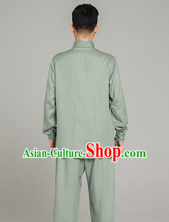 Top Grade Chinese Tai Ji Training Light Green Linen Uniforms Kung Fu Martial Arts Costume Shaolin Gongfu Blouse and Pants for Men