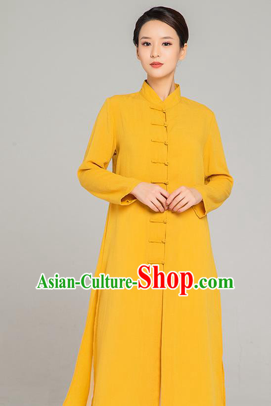 Professional Chinese Tang Suit Yellow Flax Gown and Pants Outfits Martial Arts Costumes Kung Fu Tai Chi Training Garment for Women