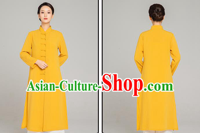 Professional Chinese Tang Suit Yellow Flax Gown and Pants Outfits Martial Arts Costumes Kung Fu Tai Chi Training Garment for Women
