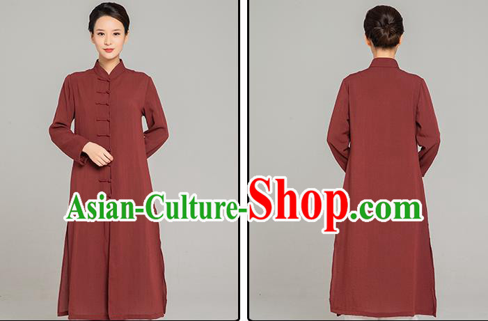 Professional Chinese Tang Suit Maroon Flax Gown and Pants Outfits Martial Arts Costumes Kung Fu Tai Chi Training Garment for Women