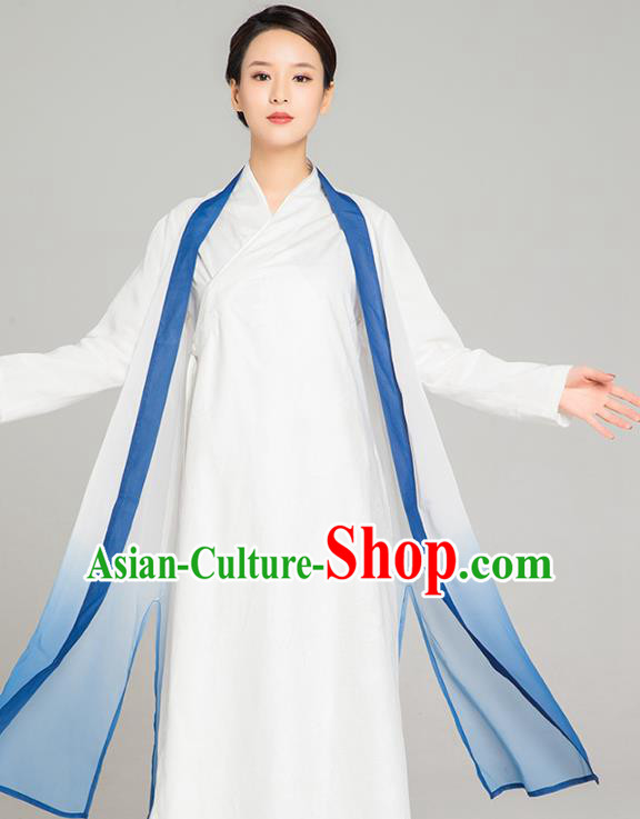 Asian Chinese Traditional Tang Suit Blue Chiffon Cloak Martial Arts Costumes China Kung Fu Upper Outer Garment Cardigan for Women
