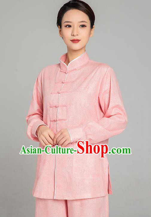 Professional Chinese Tang Suit Jacquard Pink Flax Blouse and Pants Outfits Martial Arts Costumes Kung Fu Tai Chi Training Garment for Women