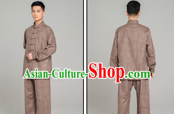 Top Grade Chinese Tai Ji Jacquard Brown Linen Uniforms Kung Fu Martial Arts Training Costume Shaolin Gongfu Blouse and Pants for Men