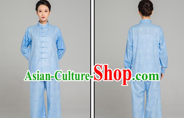 Professional Chinese Tang Suit Jacquard Light Blue Flax Blouse and Pants Outfits Martial Arts Costumes Kung Fu Tai Chi Training Garment for Women