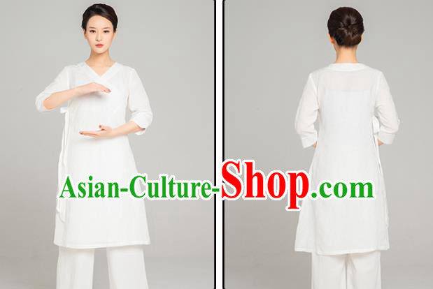 Asian Chinese Traditional Tang Suit White Flax Blouse Martial Arts Costumes China Kung Fu Upper Outer Garment Dress for Women