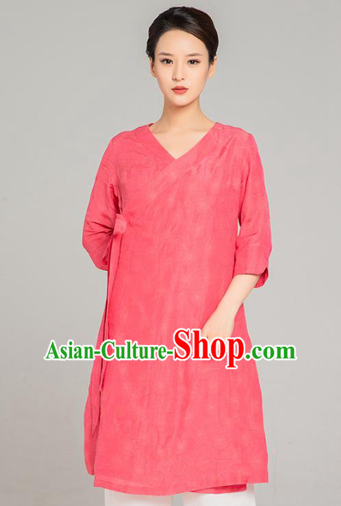 Asian Chinese Traditional Tang Suit Rosy Flax Blouse Martial Arts Costumes China Kung Fu Upper Outer Garment Dress for Women