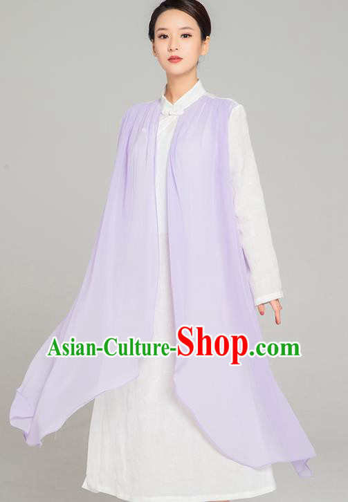 Asian Chinese Traditional Tang Suit Lilac Chiffon Cloak Dress Martial Arts Costumes China Kung Fu Garment for Women