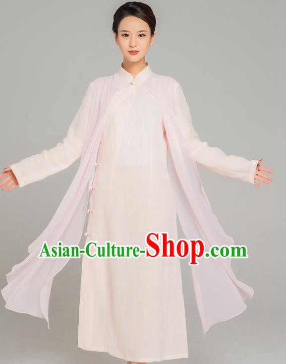 Asian Chinese Traditional Tang Suit Chiffon Cloak Beige Dress Martial Arts Costumes China Kung Fu Garment for Women