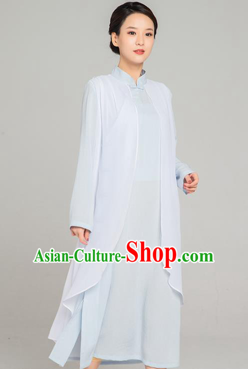 Asian Chinese Traditional Tang Suit Chiffon Cloak Light Blue Dress Martial Arts Costumes China Kung Fu Garment for Women