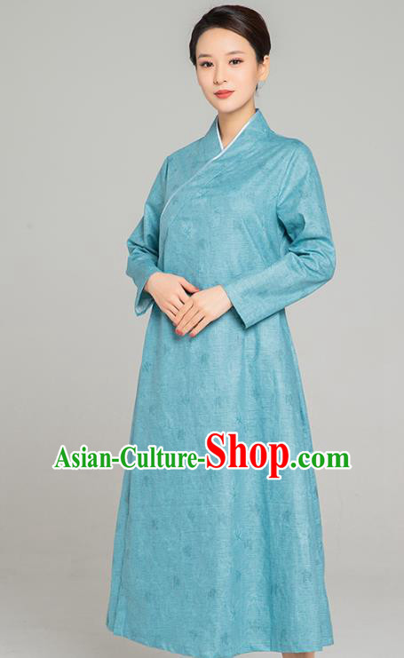 Asian Chinese Traditional Jacquard Maple Leaf Teal Flax Dress Martial Arts Costumes China Kung Fu Robe Garment for Women