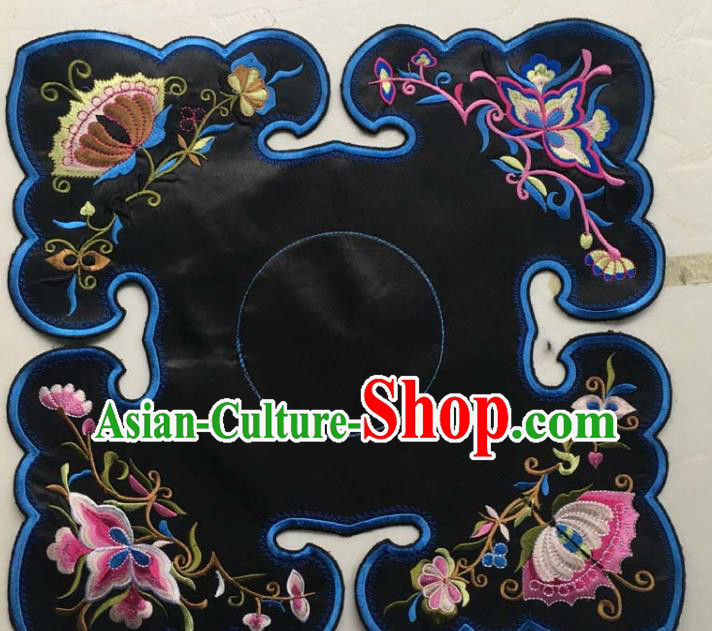 Chinese Traditional Embroidered Butterfly Flowers Black Square Patch Decoration Embroidery Applique Craft Embroidered Collar Accessories