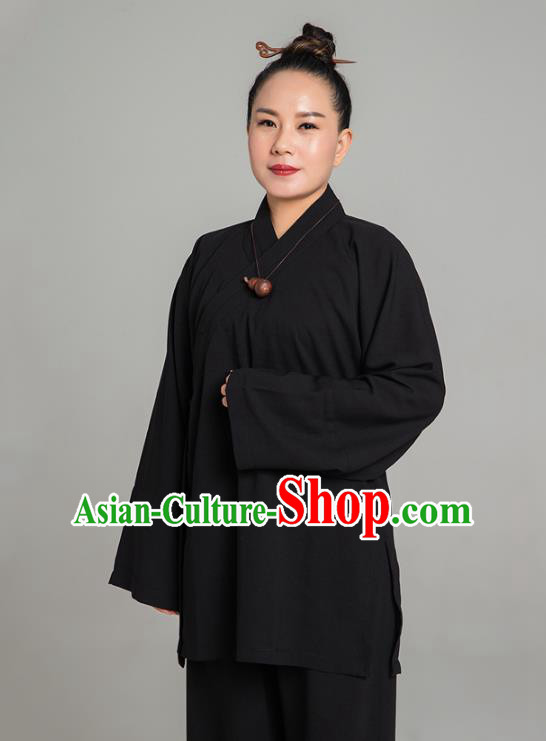 Asian Chinese Traditional Taoist Nun Black Flax Blouse and Pants Martial Arts Costumes China Kung Fu Garment Outfits for Women