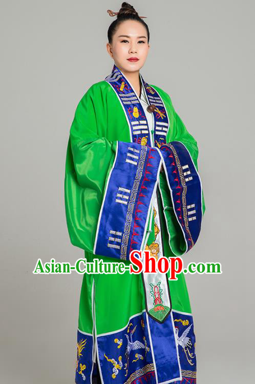 Traditional Chinese Taoist Nun Green Koshibo Priest Frock Martial Arts Costumes China Taoism Tai Chi Garment Embroidered Pagoda Gown for Women