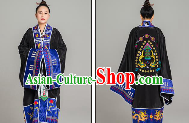 Traditional Chinese Taoist Nun Black Koshibo Priest Frock Martial Arts Costumes China Taoism Tai Chi Garment Embroidered Pagoda Gown for Women