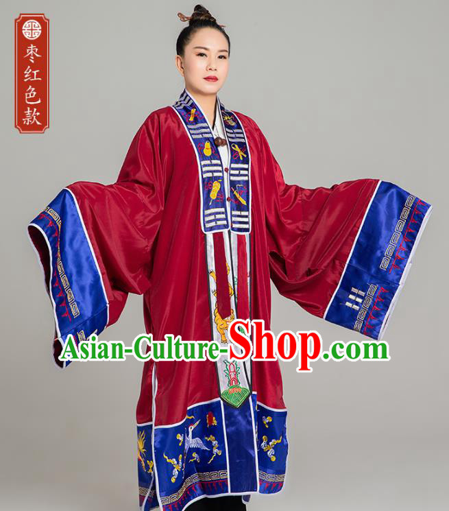 Traditional Chinese Taoist Nun Purplish Red Koshibo Priest Frock Martial Arts Costumes China Taoism Tai Chi Garment Embroidered Pagoda Gown for Women