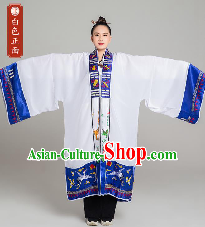 Traditional Chinese Taoist Nun White Koshibo Priest Frock Martial Arts Costumes China Taoism Tai Chi Garment Embroidered Pagoda Gown for Women