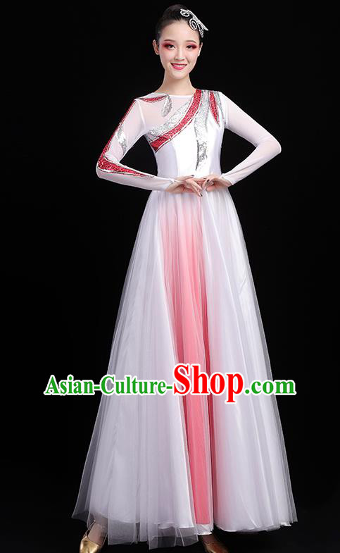 Traditional Chinese Modern Dance Costumes Opening Dance Stage Show Garment Chorus Group White Veil Dress for Women