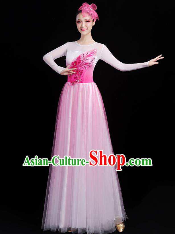 Traditional Chinese Opening Dance Costumes Stage Show Modern Dance Garment Chorus Group Pink Veil Dress and Headpiece for Women