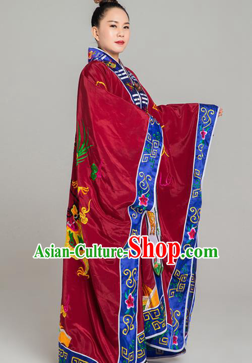 Traditional Chinese Embroidered Dragon Purplish Red Gown Taoist Nun Koshibo Priest Frock Martial Arts Costumes China Taoism Tai Chi Garment for Women