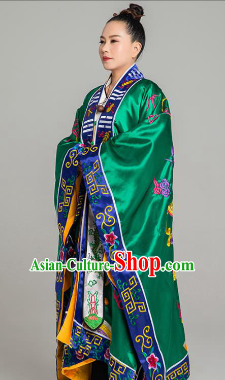 Traditional Chinese Embroidered Green Silk Gown Priest Frock Martial Arts Costumes China Taoism Taoist Nun Tai Chi Garment for Women