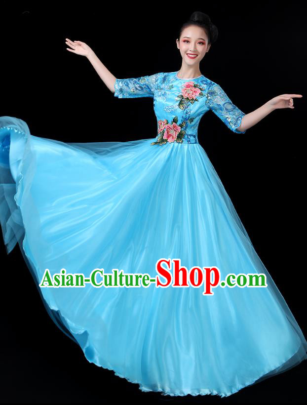 Traditional Chinese Chorus Costumes Stage Show Modern Dance Garment Opening Dance Blue Veil Dress for Women