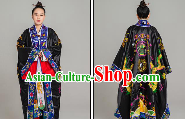 Traditional Chinese Embroidered Black Silk Gown Priest Frock Martial Arts Costumes China Taoism Taoist Nun Tai Chi Garment for Women