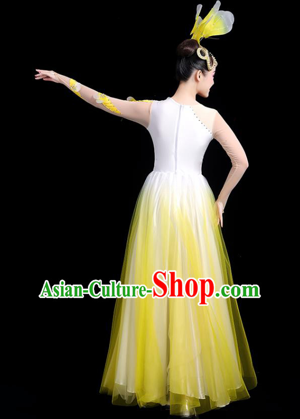 Traditional Chinese Jasmine Flower Dance Costumes Stage Show Modern Dance Garment Opening Dance Yellow Veil Dress and Headwear for Women