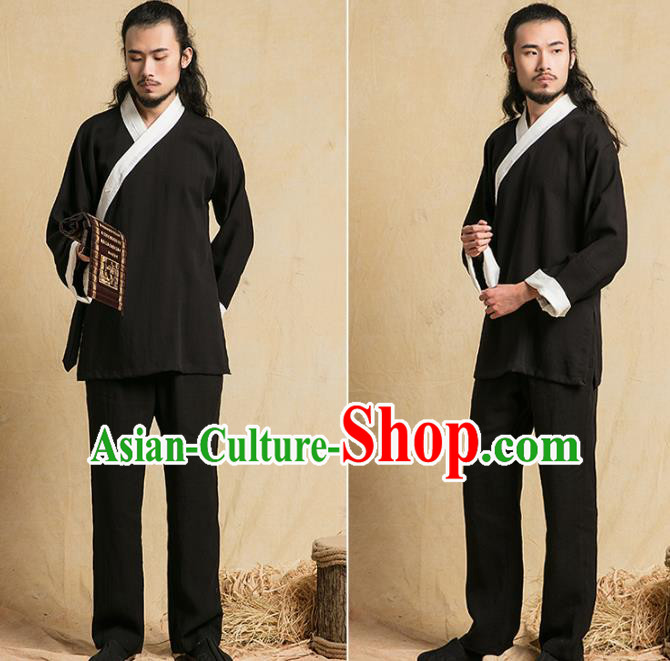 Top Grade Chinese Tai Chi Competition Uniforms Kung Fu Martial Arts Training Costume Shaolin Gongfu Black Flax Blouse and Pants for Men