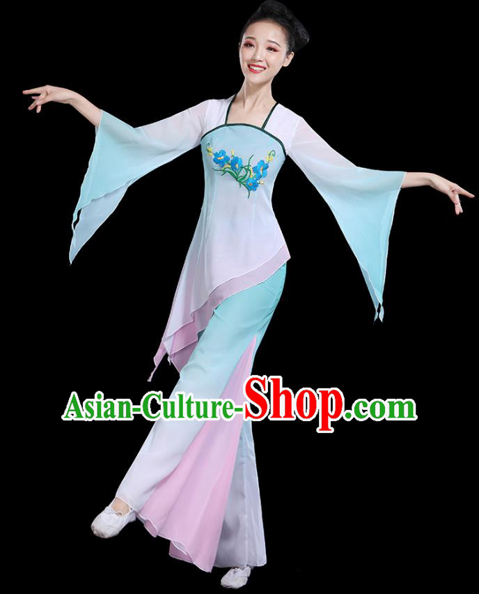 Traditional Chinese Fan Dance Costumes Stage Show Classical Dance Garment Umbrella Dance Blue Blouse and Pants for Women