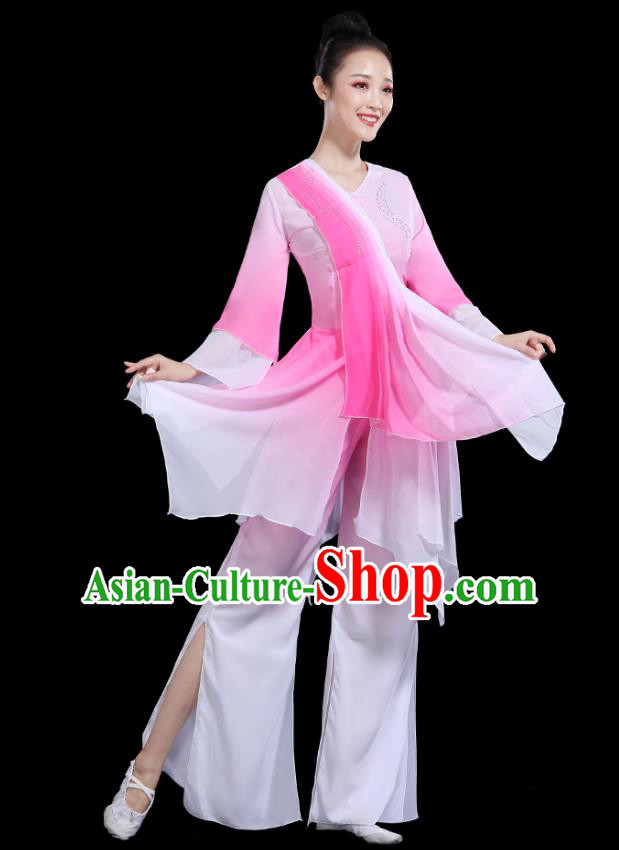 Traditional Chinese Fan Dance Costumes Stage Show Classical Dance Garment Umbrella Dance Pink Blouse and Pants for Women