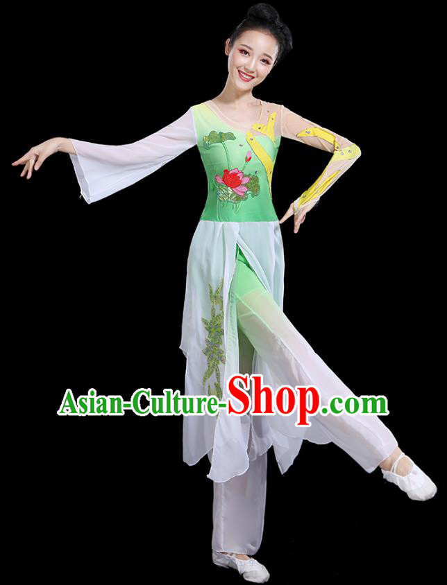 Traditional Chinese Fan Dance Costumes Stage Show Classical Dance Garment Umbrella Dance Green Blouse and Pants for Women