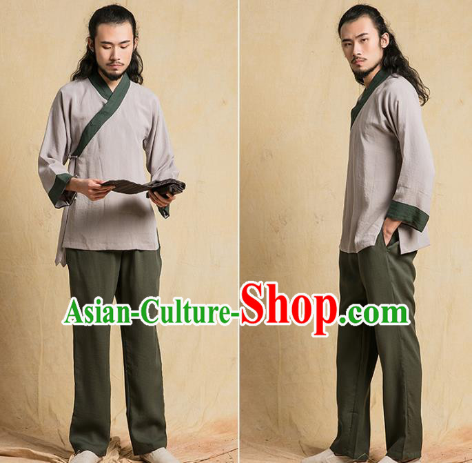 Top Grade Chinese Tai Chi Competition Uniforms Kung Fu Martial Arts Training Costume Shaolin Gongfu Brown Flax Blouse and Pants for Men