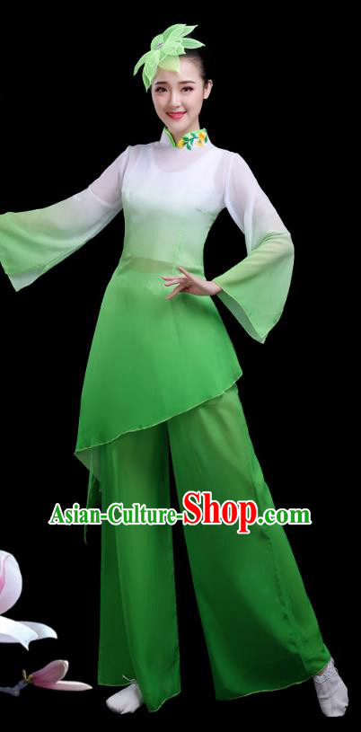 Traditional Chinese Classical Dance Costumes Stage Show Fan Dance Garment Umbrella Dance Green Blouse and Pants for Women