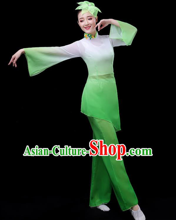 Traditional Chinese Classical Dance Costumes Stage Show Fan Dance Garment Umbrella Dance Green Blouse and Pants for Women