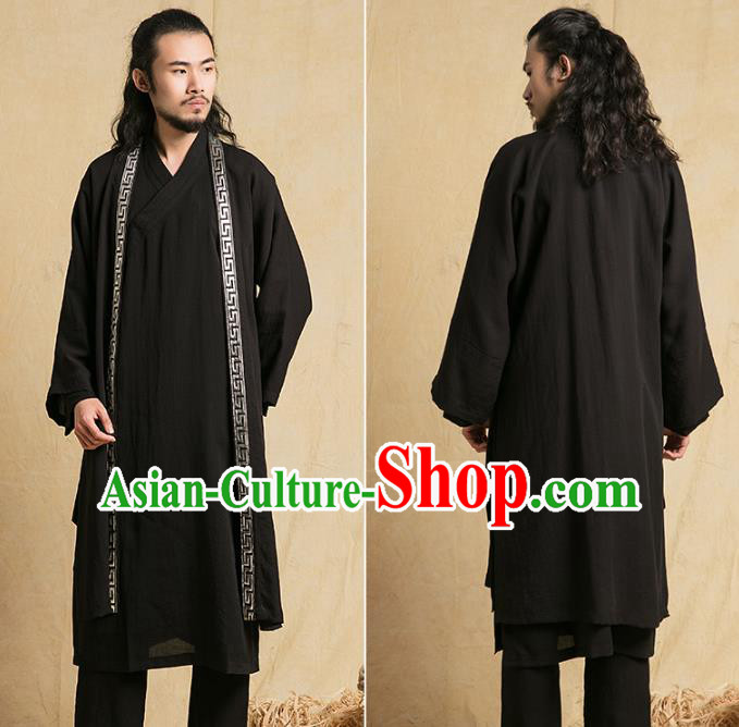 Top Grade Chinese Taoist Black Uniforms Kung Fu Martial Arts Competition Costume Shaolin Gongfu Cape Blouse and Pants for Men