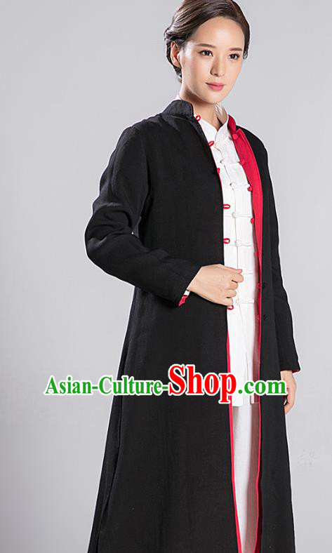 Traditional Chinese Tang Suit Reversible Dust Coat Costumes China Martial Arts Flax Garment Black and Red Overcoat for Women