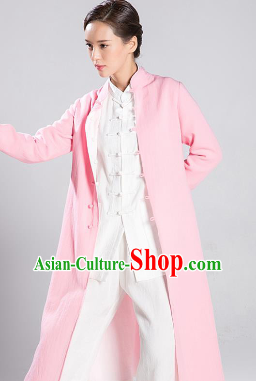 Traditional Chinese Tang Suit Reversible Dust Coat Costumes China Martial Arts Flax Garment White and Pink Overcoat for Women