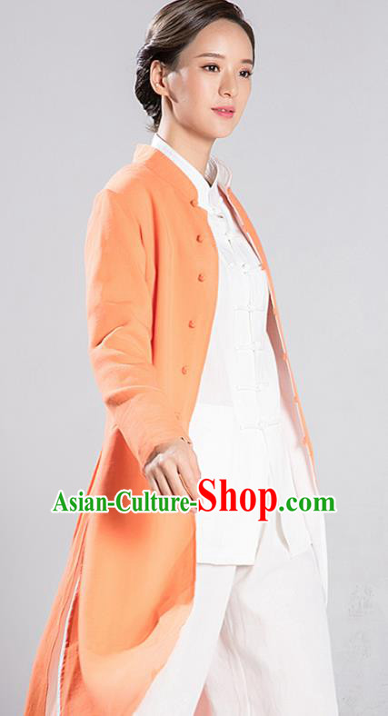 Traditional Chinese Tang Suit Reversible Dust Coat Costumes China Martial Arts Flax Garment White and Orange Overcoat for Women